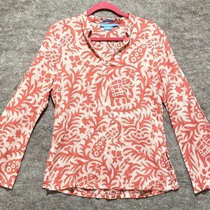 Island Company Womens Tunic Top Small Salmon V-Neck White Floral Blouse Elephant